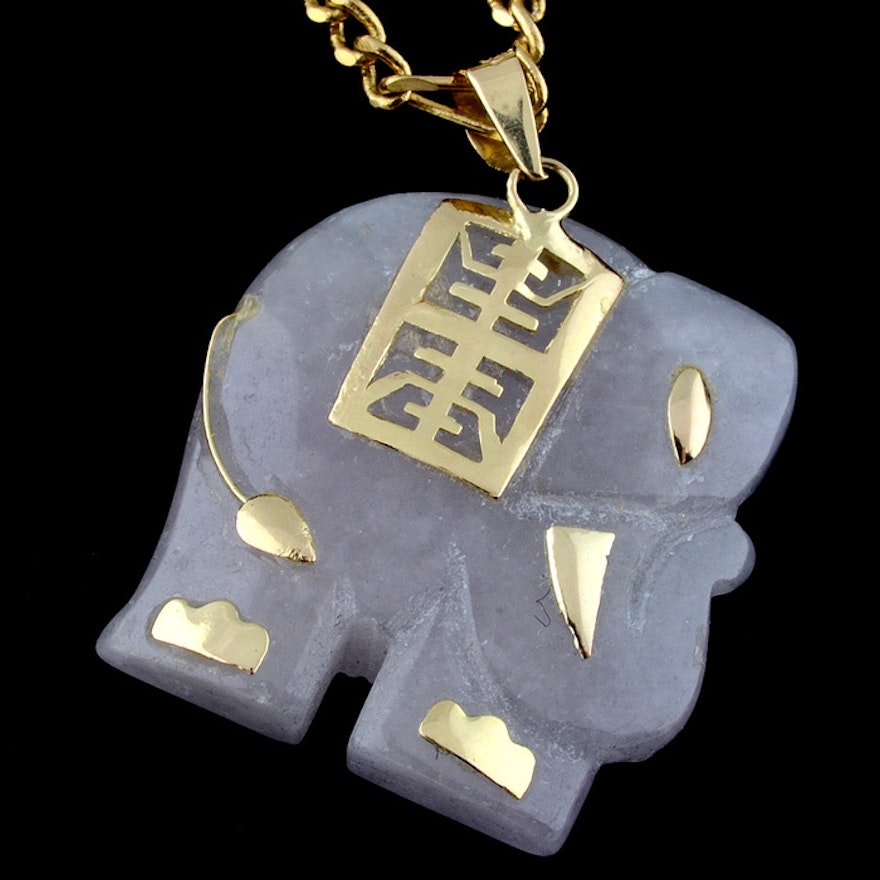 Chinese 14K Yellow Gold White Jade Elephant Pendant and a Chain