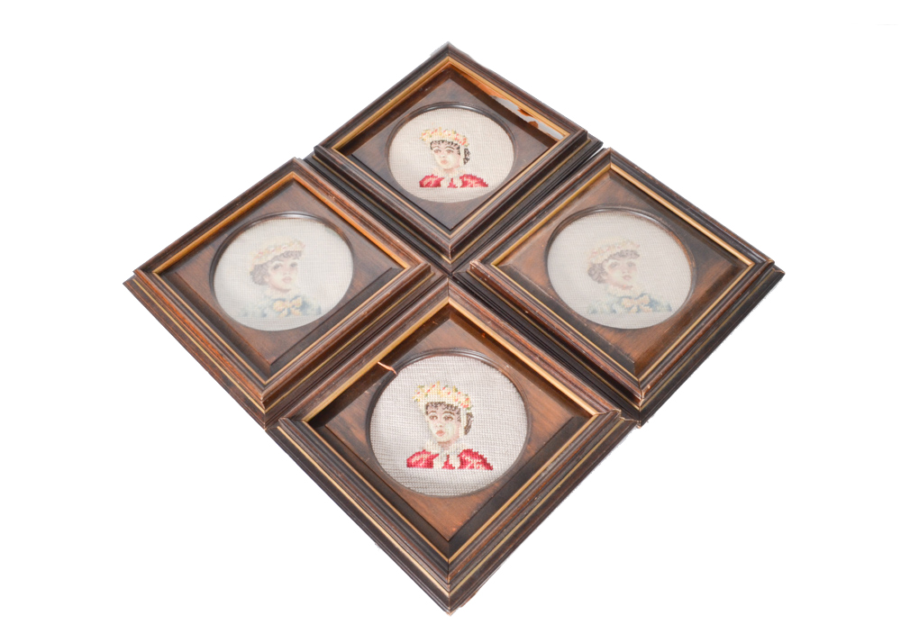 Set of Four Framed Antique Jolles Needlepoint Portraits