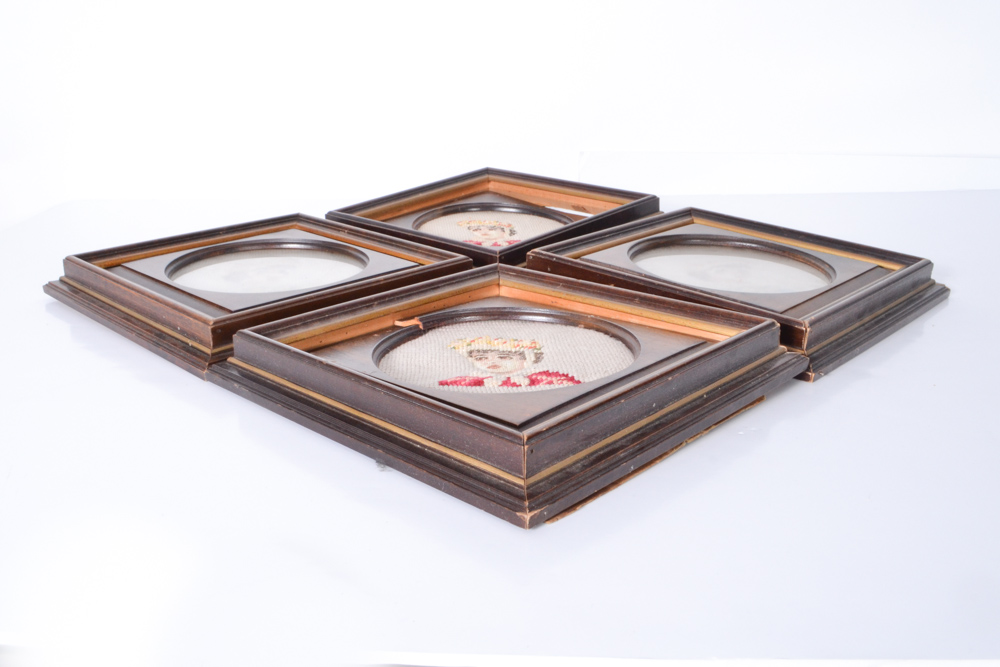 Set of Four Framed Antique Jolles Needlepoint Portraits