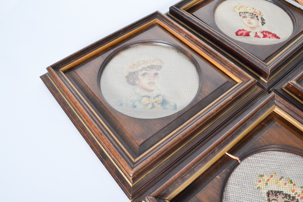 Set of Four Framed Antique Jolles Needlepoint Portraits
