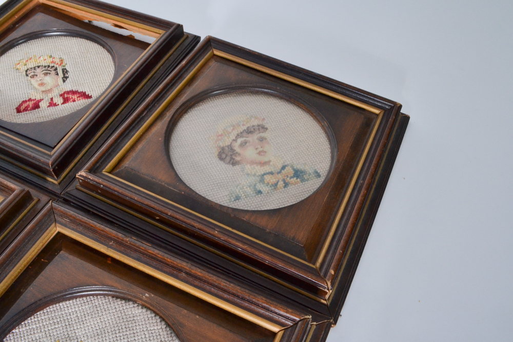 Set of Four Framed Antique Jolles Needlepoint Portraits