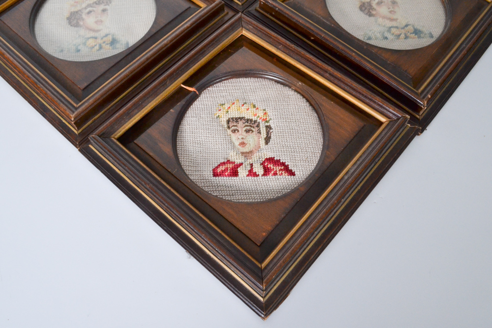 Set of Four Framed Antique Jolles Needlepoint Portraits