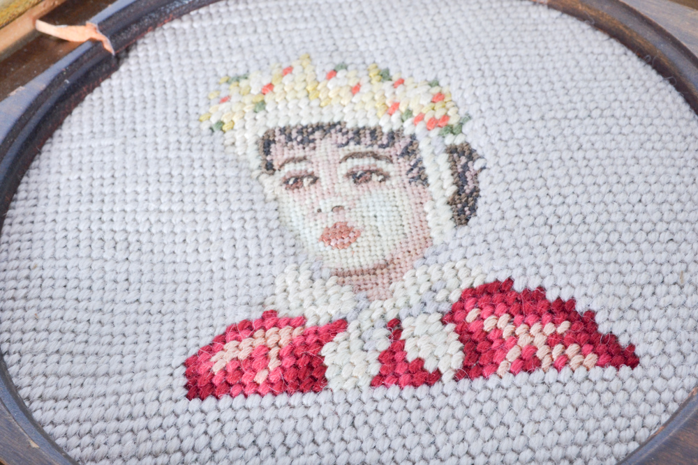 Set of Four Framed Antique Jolles Needlepoint Portraits