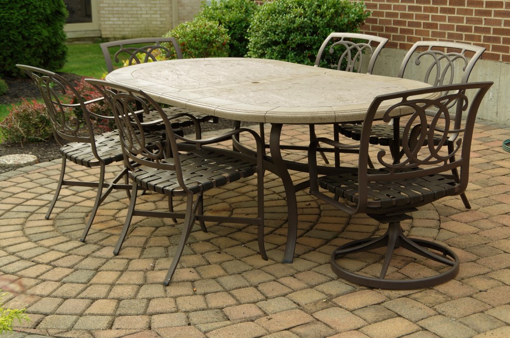 Tropitone Stoneworks Collection Patio Table and Six Chairs