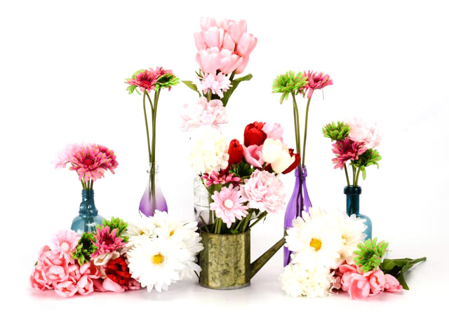 Silk Flowers With Five Decorative Bottle Vases