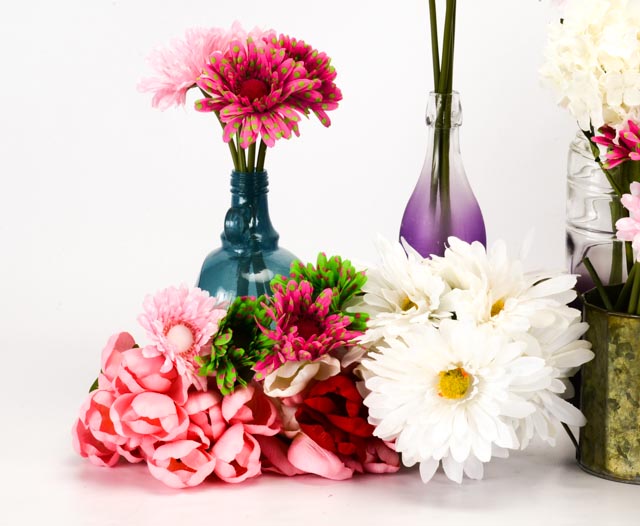 Silk Flowers With Five Decorative Bottle Vases