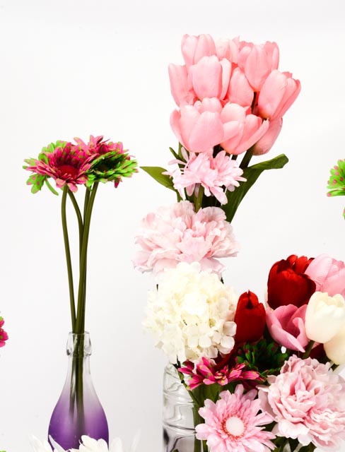 Silk Flowers With Five Decorative Bottle Vases