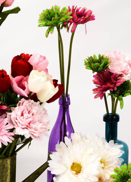 Silk Flowers With Five Decorative Bottle Vases