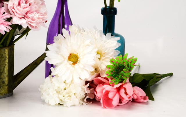 Silk Flowers With Five Decorative Bottle Vases