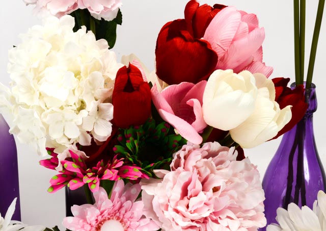 Silk Flowers With Five Decorative Bottle Vases