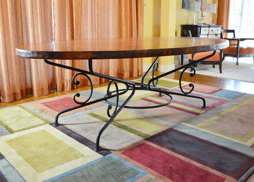 Arhaus Copper Arabesque Dining Table and Eight Leather Chairs