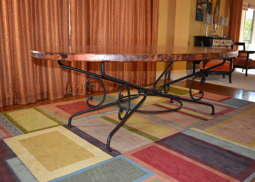 Arhaus Copper Arabesque Dining Table and Eight Leather Chairs
