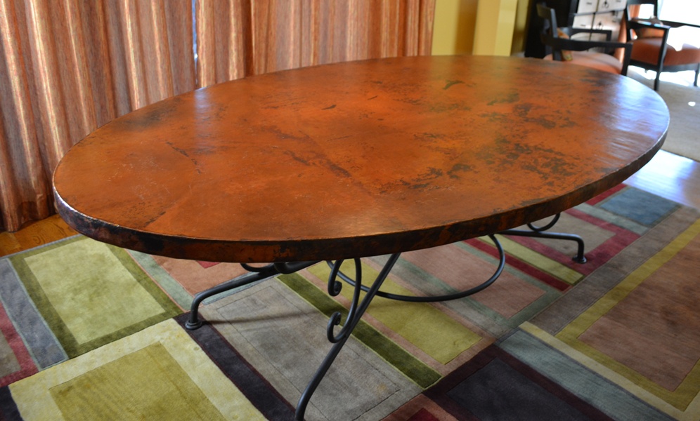 Arhaus Copper Arabesque Dining Table and Eight Leather Chairs