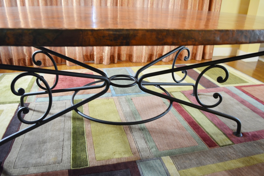 Arhaus Copper Arabesque Dining Table and Eight Leather Chairs