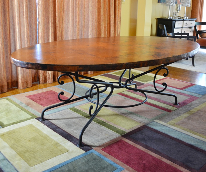 Arhaus Copper Arabesque Dining Table and Eight Leather Chairs