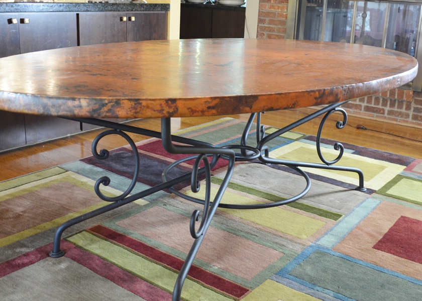 Arhaus Copper Arabesque Dining Table and Eight Leather Chairs