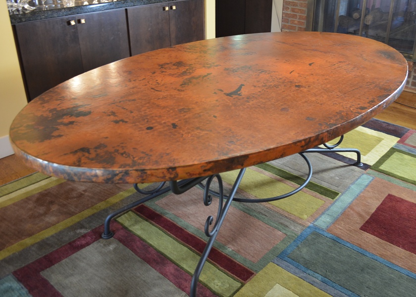 Arhaus Copper Arabesque Dining Table and Eight Leather Chairs