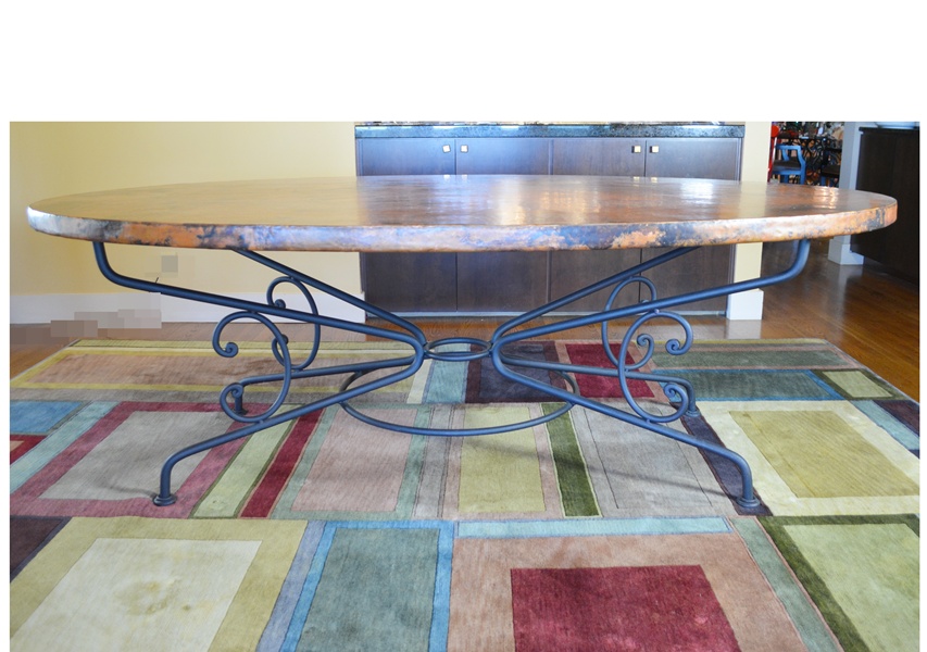 Arhaus Copper Arabesque Dining Table and Eight Leather Chairs