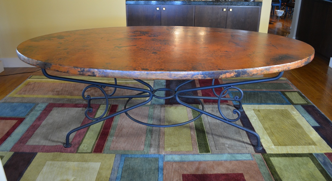 Arhaus Copper Arabesque Dining Table and Eight Leather Chairs