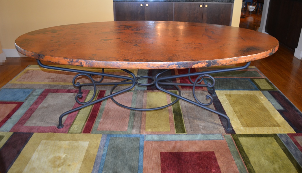 Arhaus Copper Arabesque Dining Table and Eight Leather Chairs