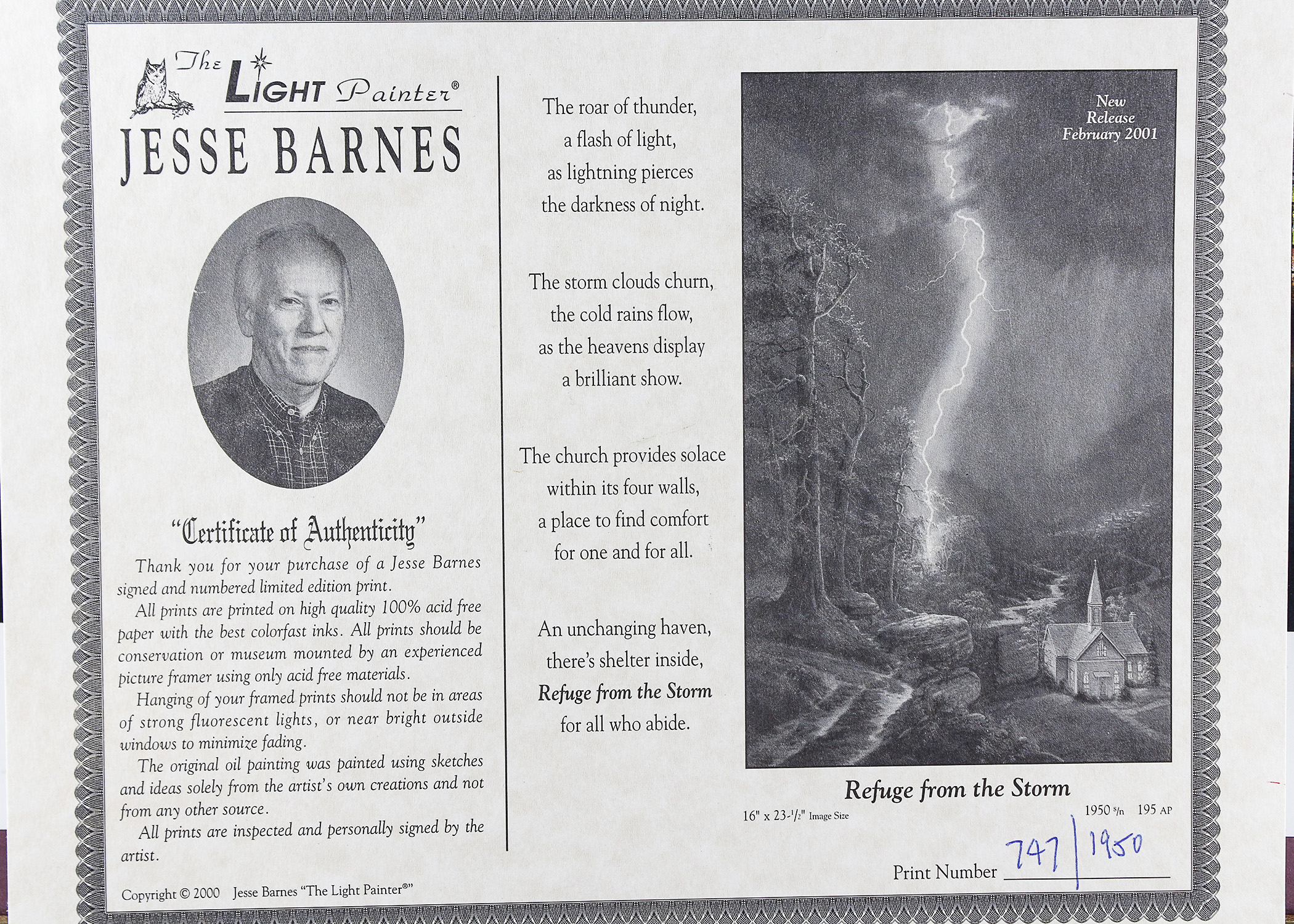 Signed Limited Edition Jesse Barnes "Refuge from the Storm" Print