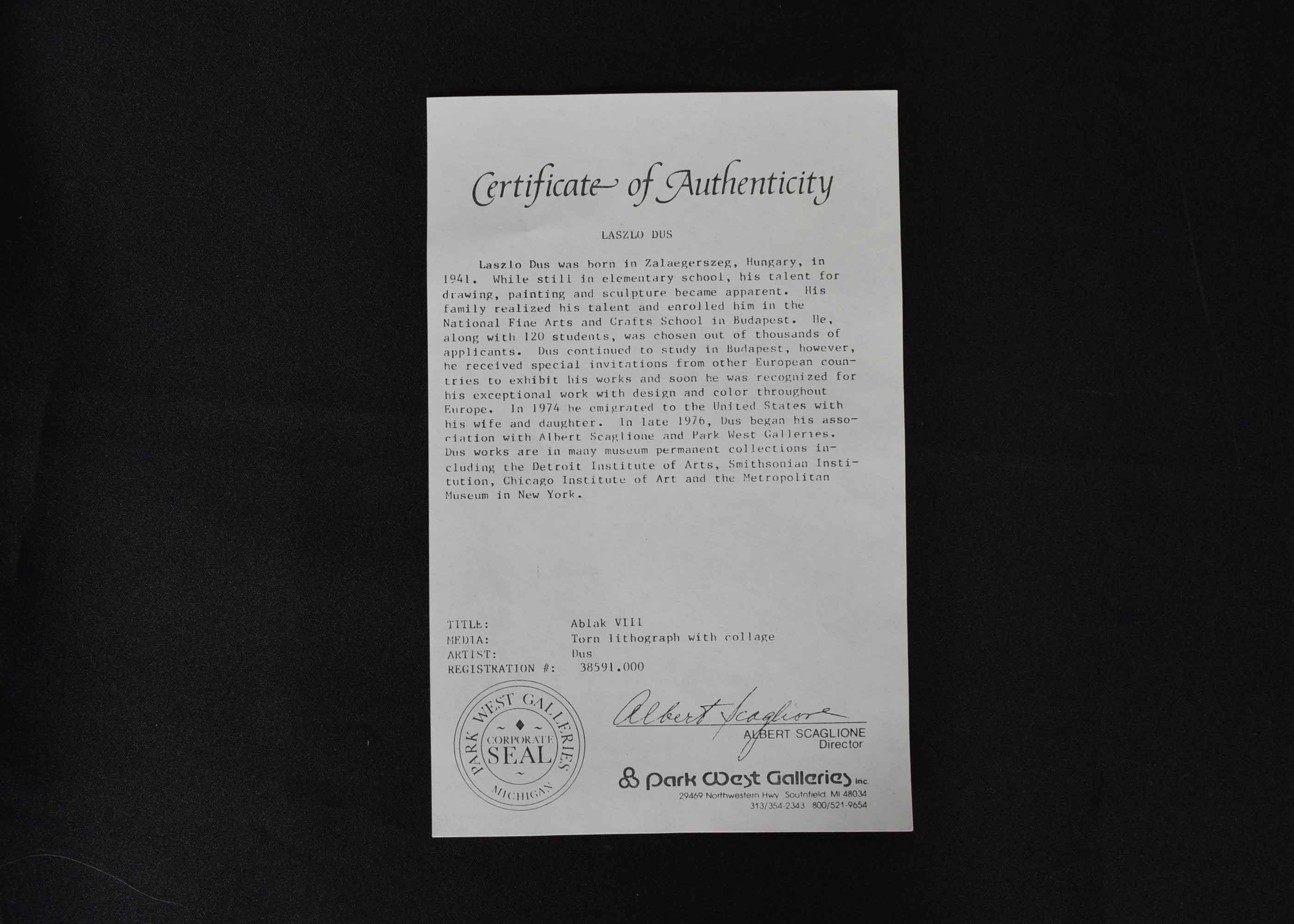 Laszlo Dus Signed Original Torn Lithograph Collage "Ablak VIII"