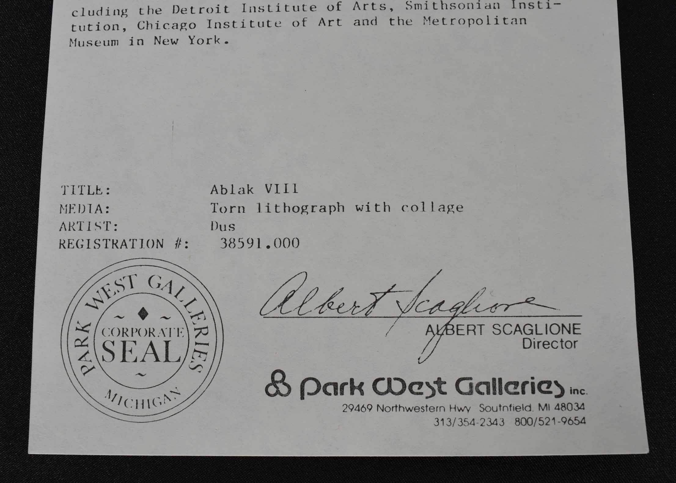 Laszlo Dus Signed Original Torn Lithograph Collage "Ablak VIII"