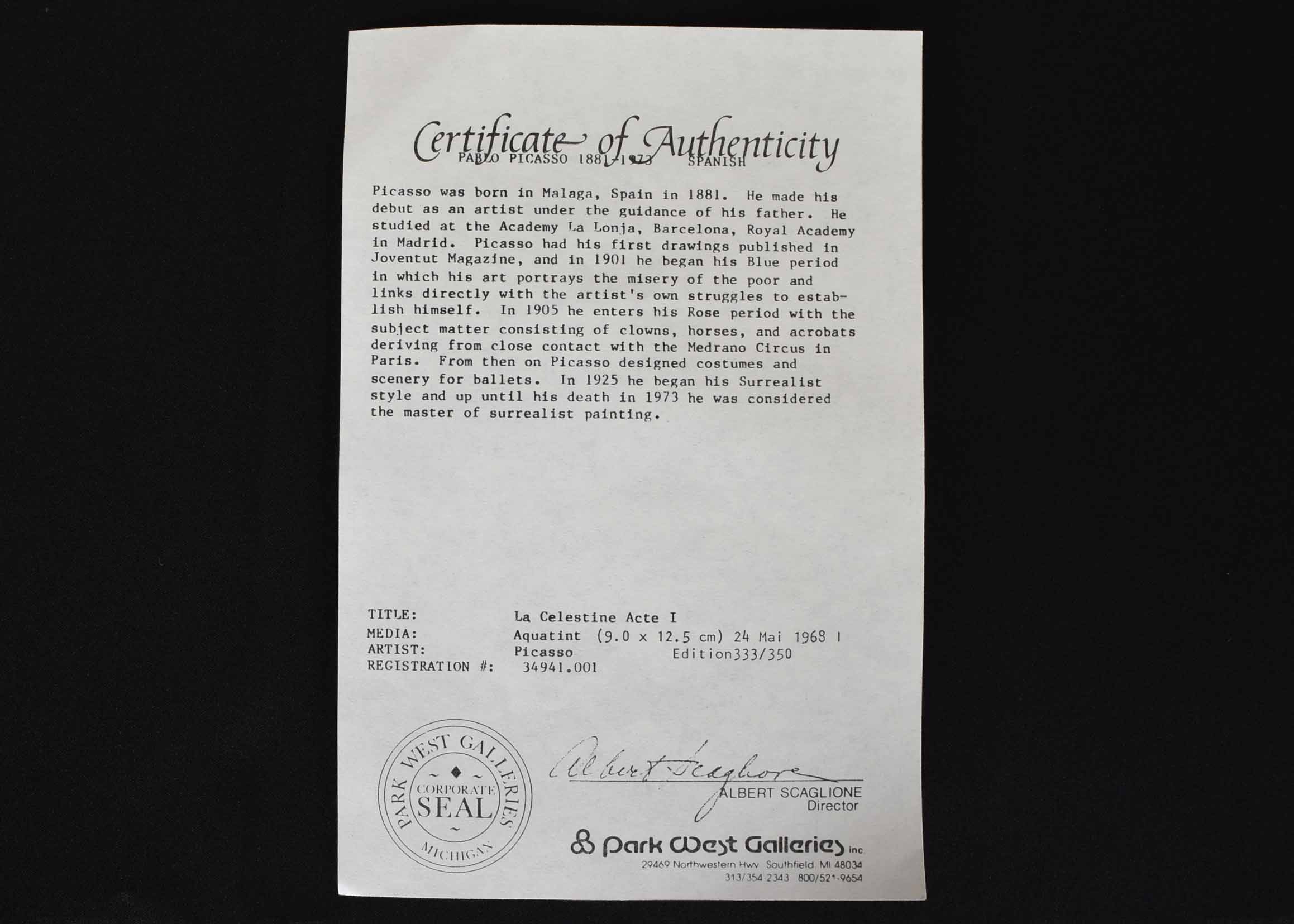 Picasso "La Celestine Acte I" Sugar Lift on Paper Print