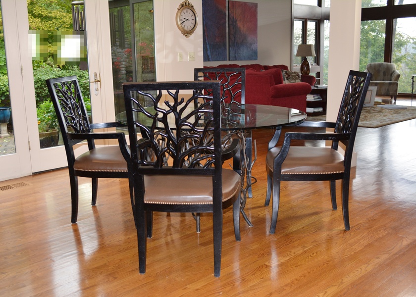 De Luco Wrought Iron Tree Branch Table and Four Wood Chairs