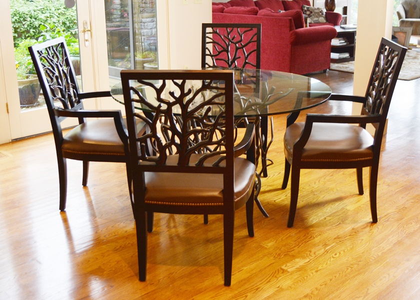 De Luco Wrought Iron Tree Branch Table and Four Wood Chairs