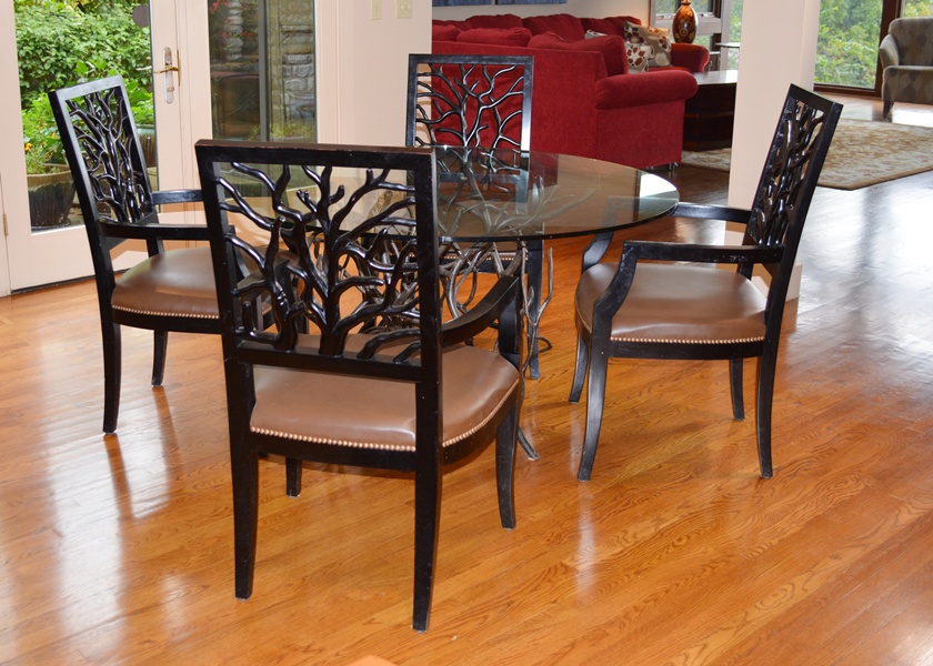 De Luco Wrought Iron Tree Branch Table and Four Wood Chairs