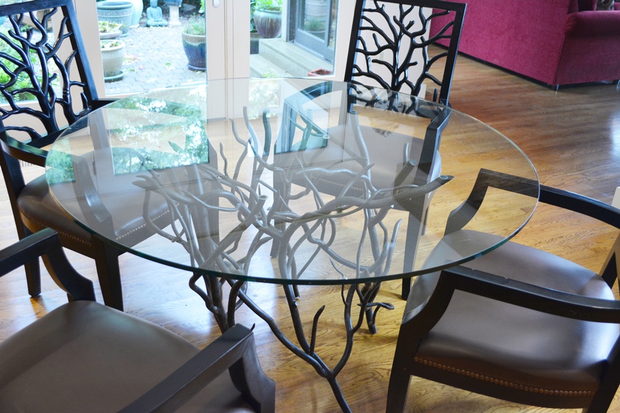 De Luco Wrought Iron Tree Branch Table and Four Wood Chairs
