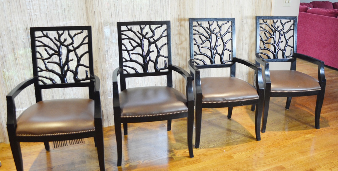 De Luco Wrought Iron Tree Branch Table and Four Wood Chairs