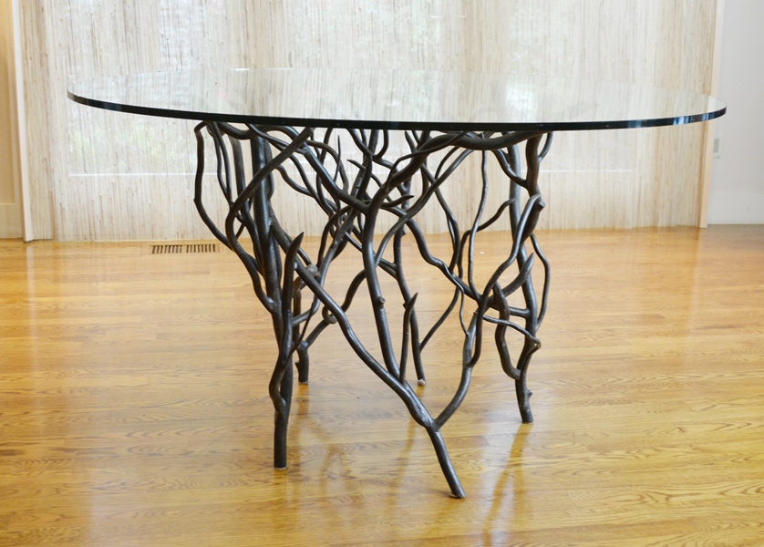 De Luco Wrought Iron Tree Branch Table and Four Wood Chairs