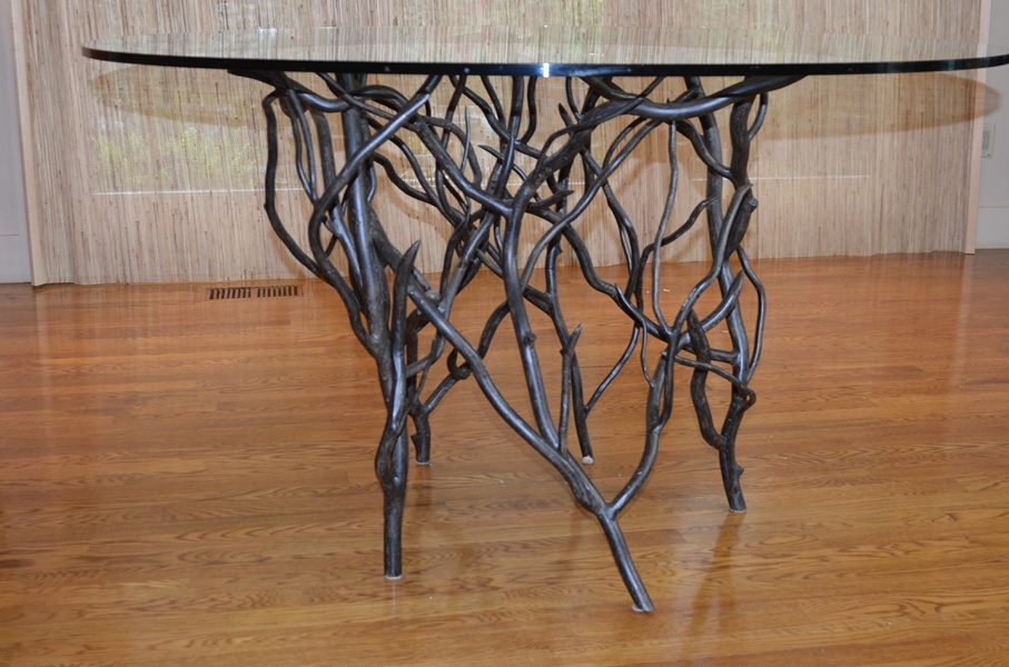 De Luco Wrought Iron Tree Branch Table and Four Wood Chairs