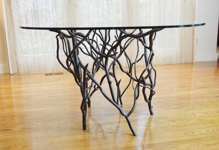 De Luco Wrought Iron Tree Branch Table and Four Wood Chairs