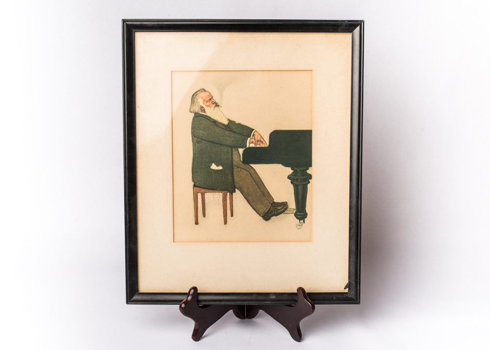 Framed Offset Lithograph of Johannes Brahms Playing Piano