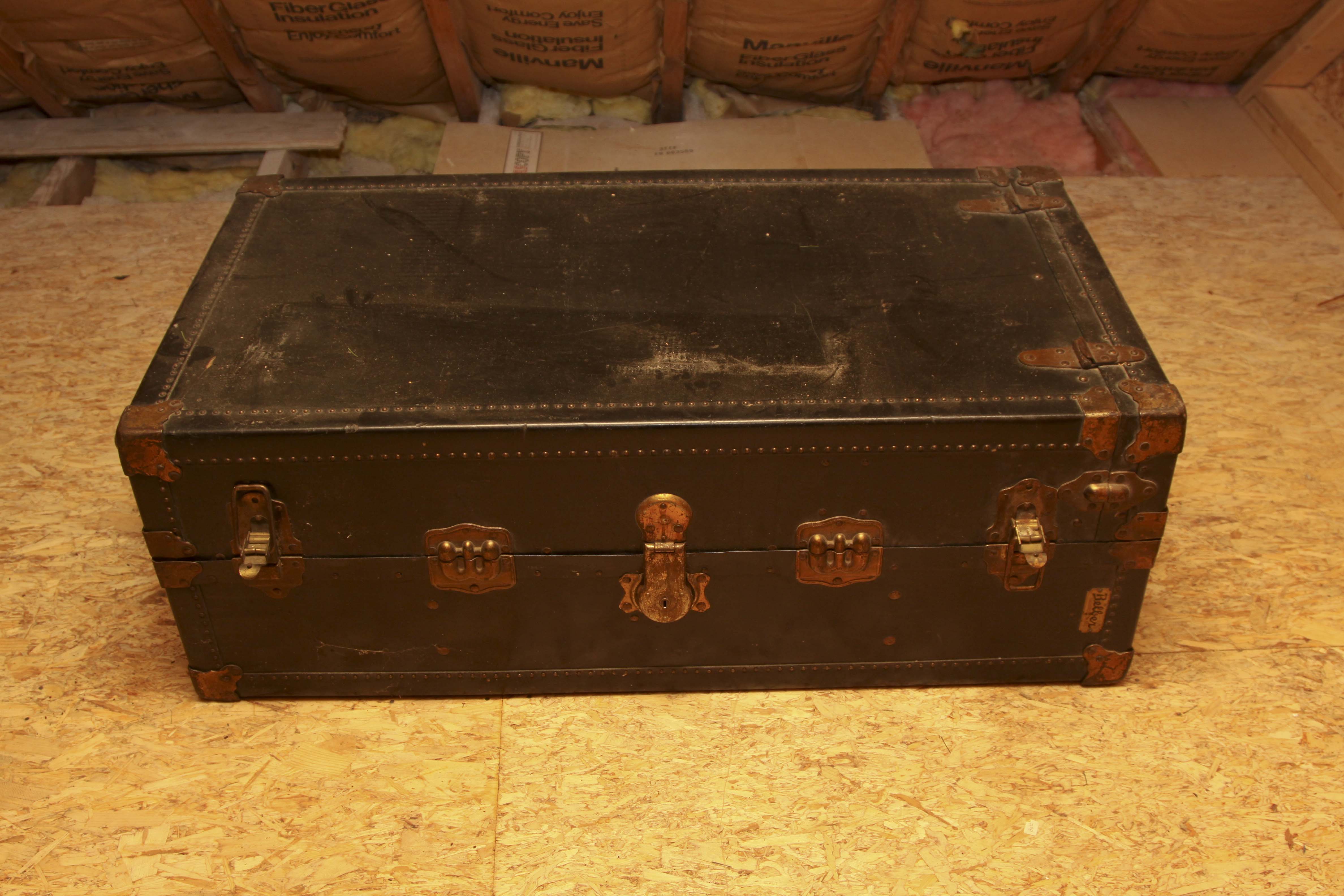 Antique Belber Black Steamer Trunk