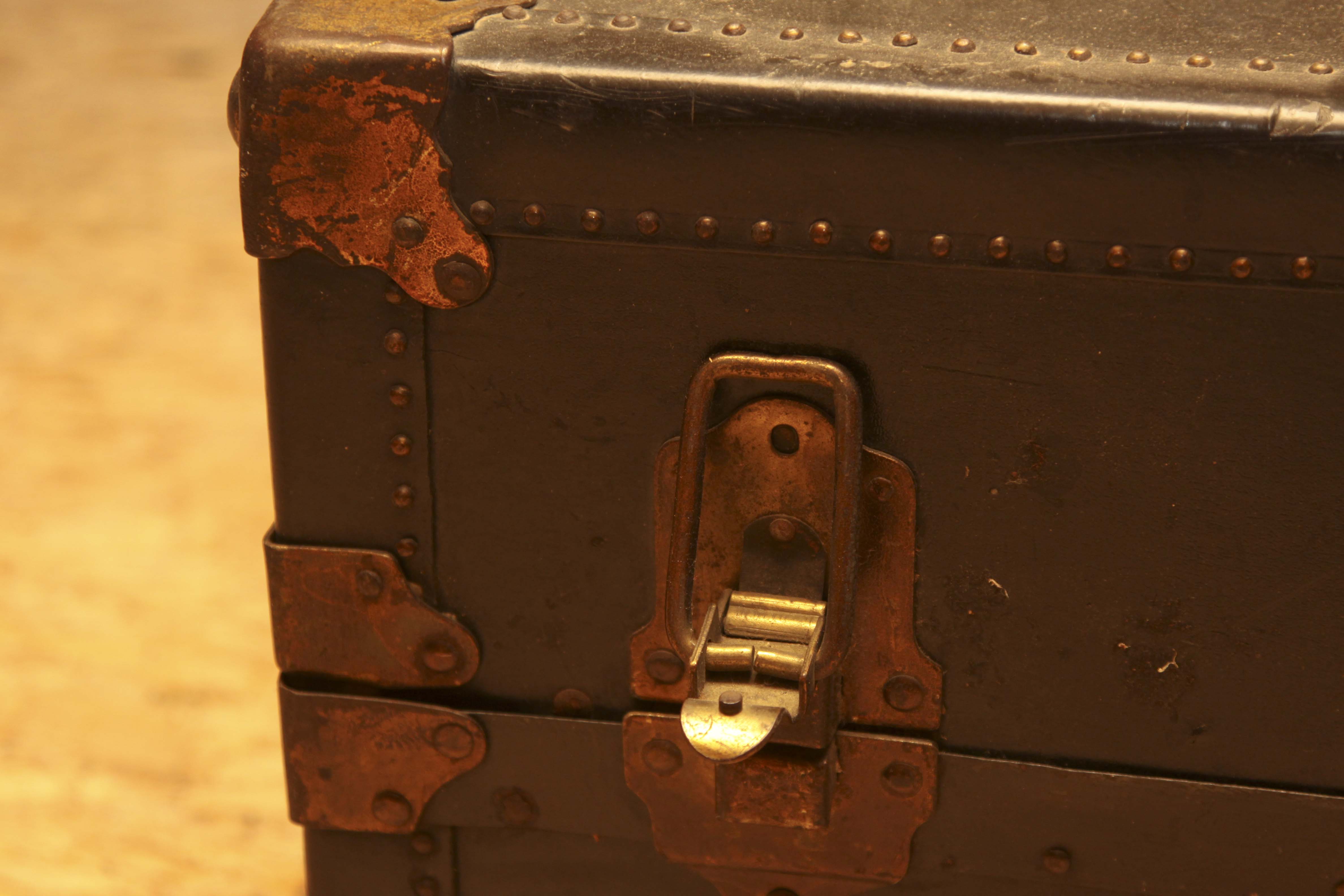 Antique Belber Black Steamer Trunk