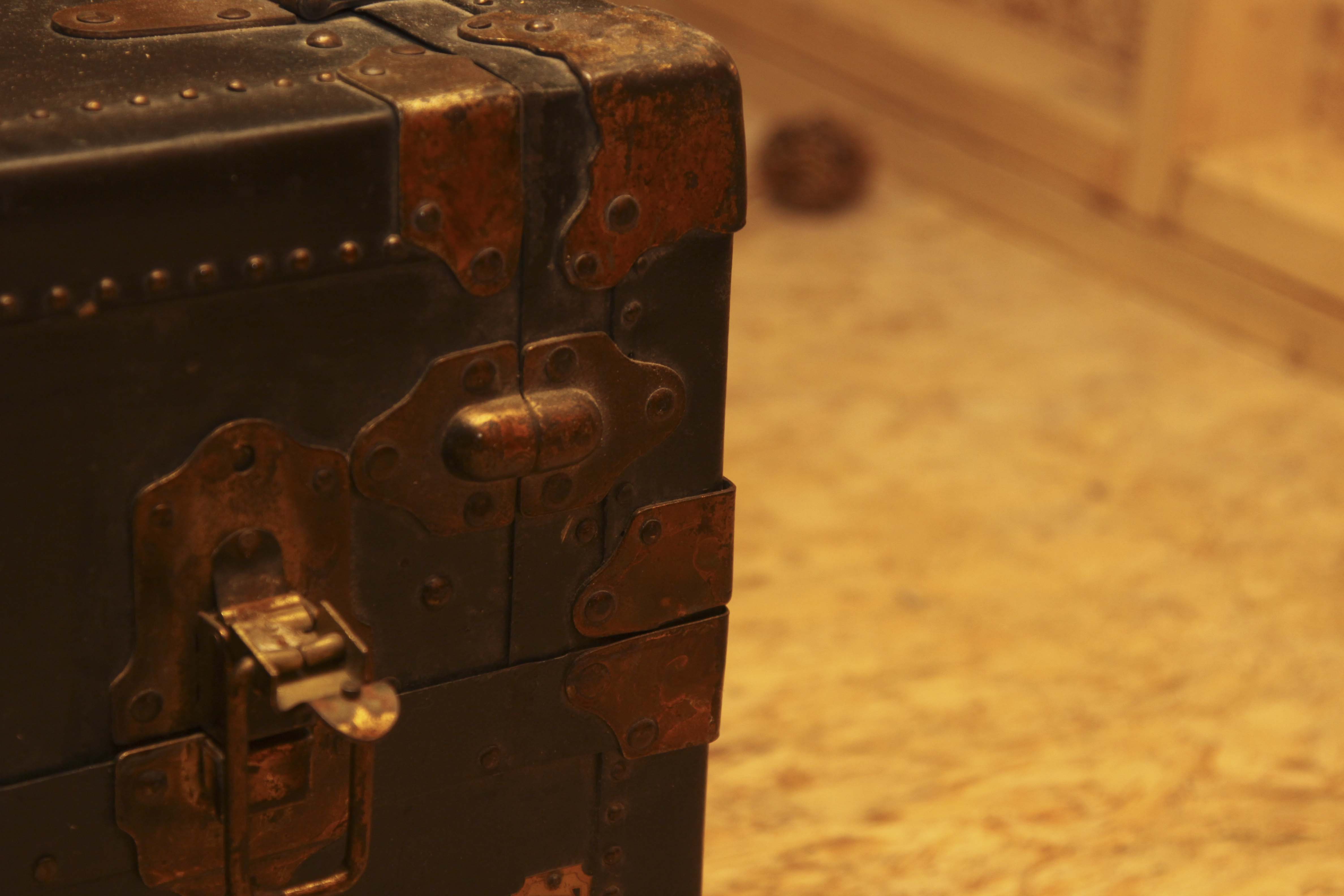 Antique Belber Black Steamer Trunk