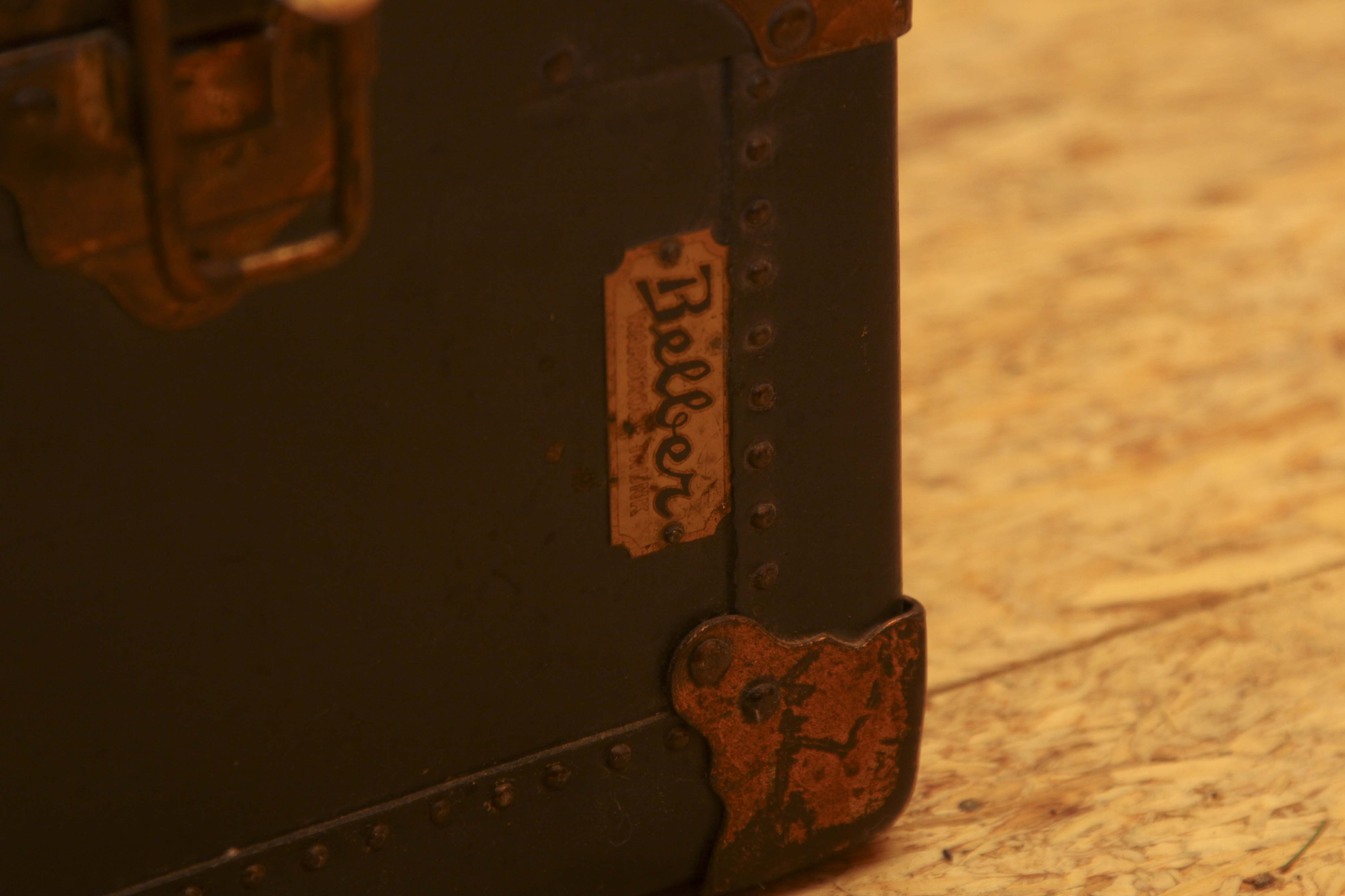 Antique Belber Black Steamer Trunk