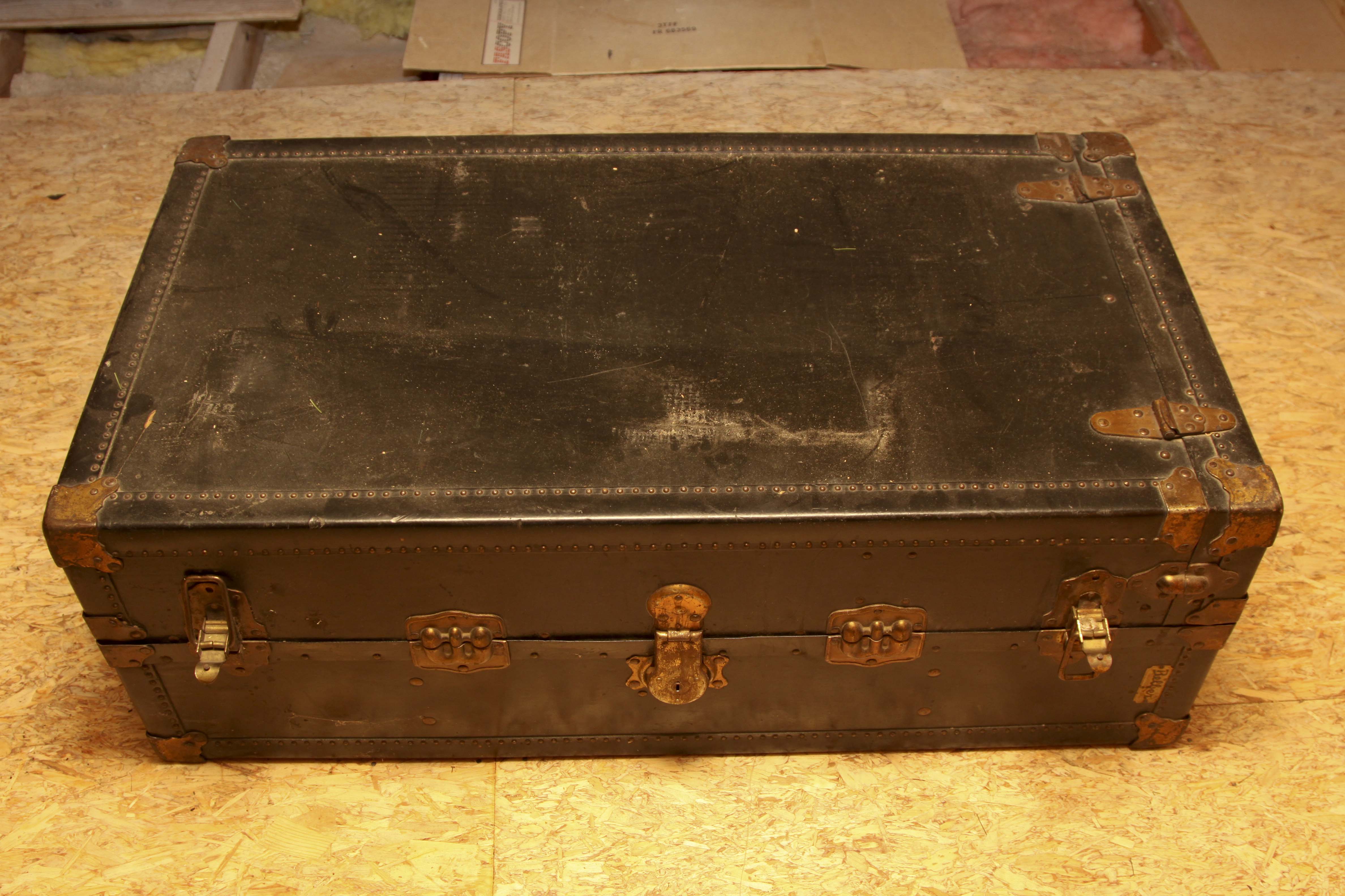Antique Belber Black Steamer Trunk