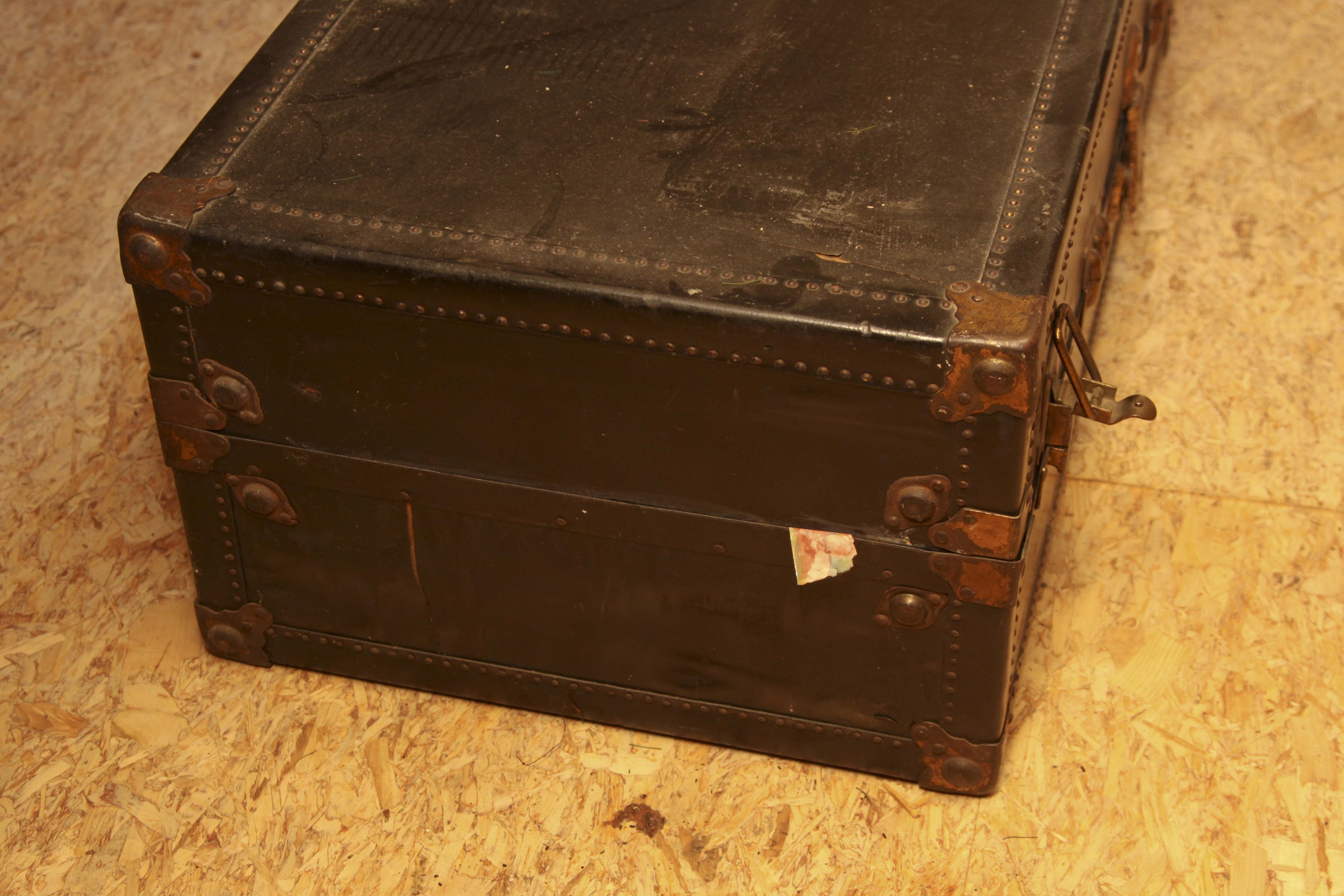 Antique Belber Black Steamer Trunk