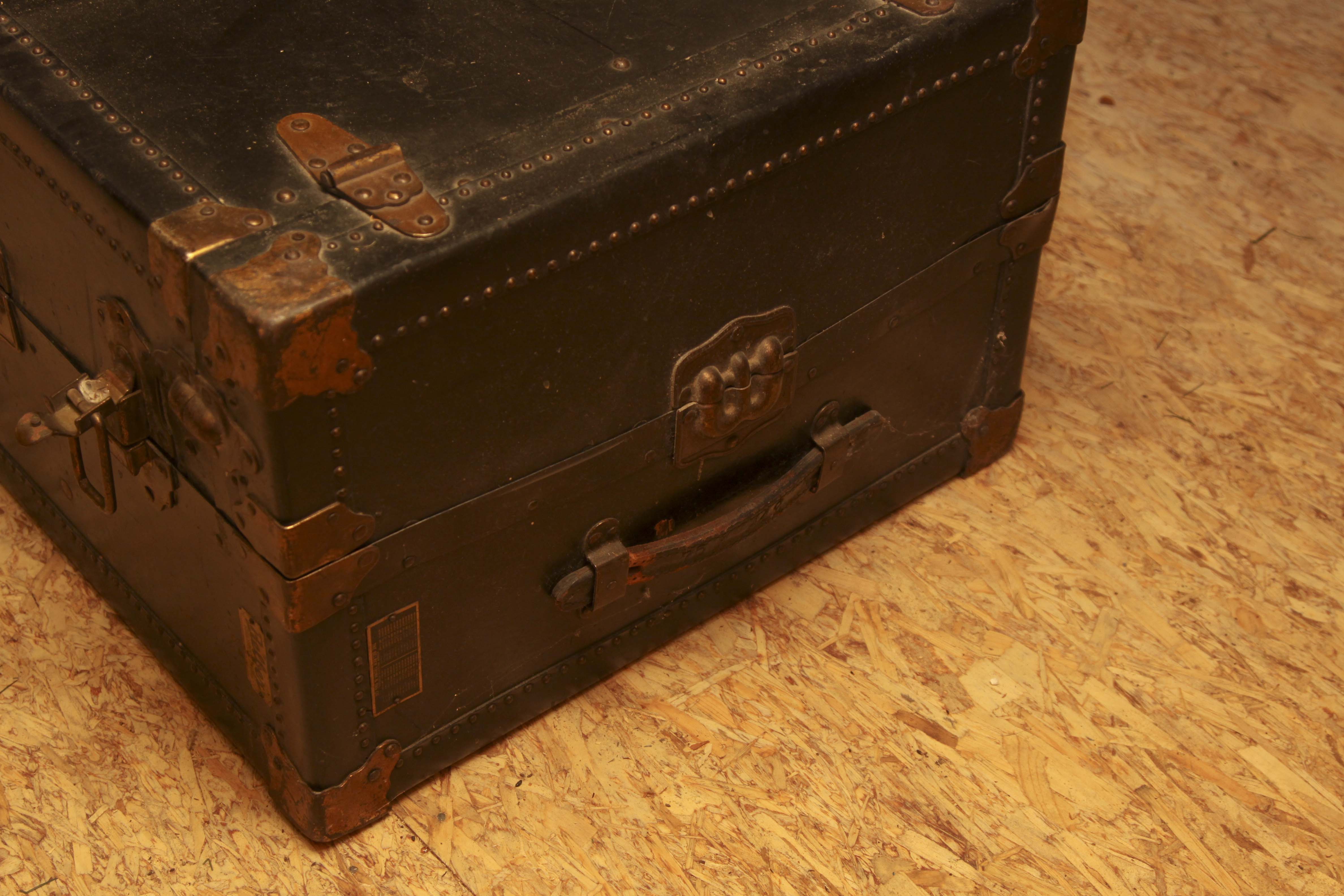 Antique Belber Black Steamer Trunk