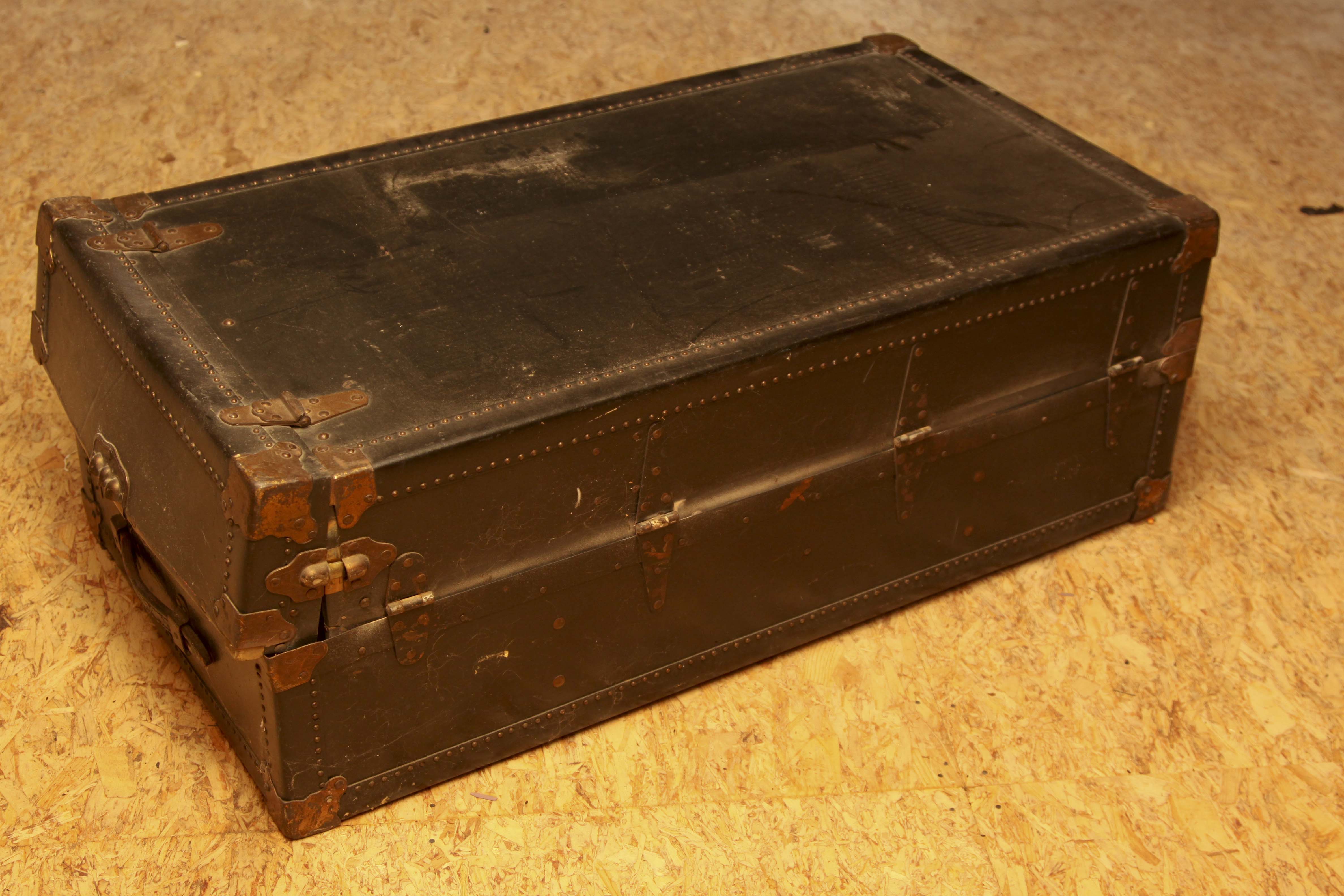 Antique Belber Black Steamer Trunk