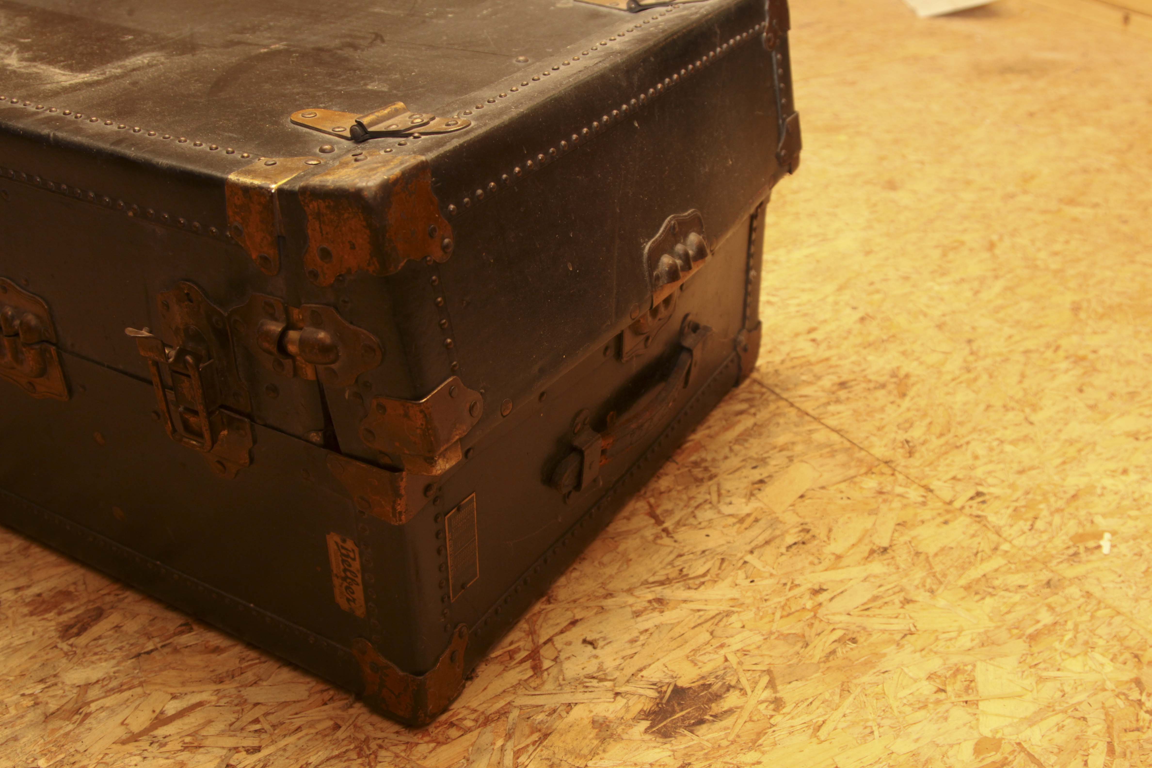 Antique Belber Black Steamer Trunk