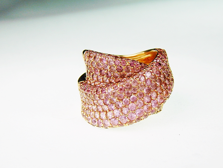 Modern 18K Pink Gold and Pink Sapphire Double Row Pavé Ring