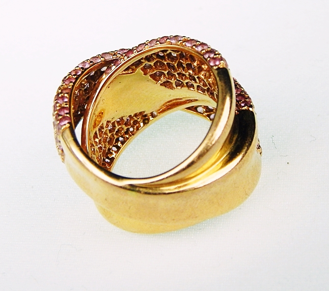 Modern 18K Pink Gold and Pink Sapphire Double Row Pavé Ring