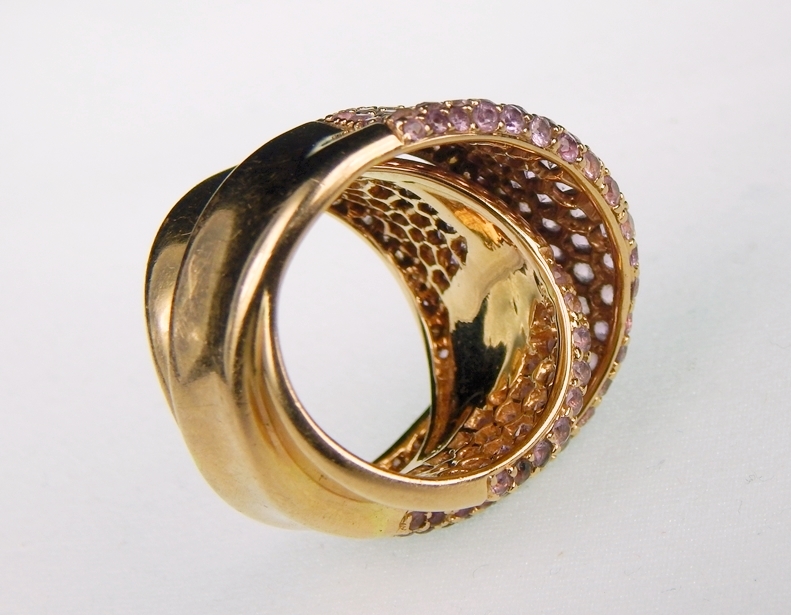 Modern 18K Pink Gold and Pink Sapphire Double Row Pavé Ring