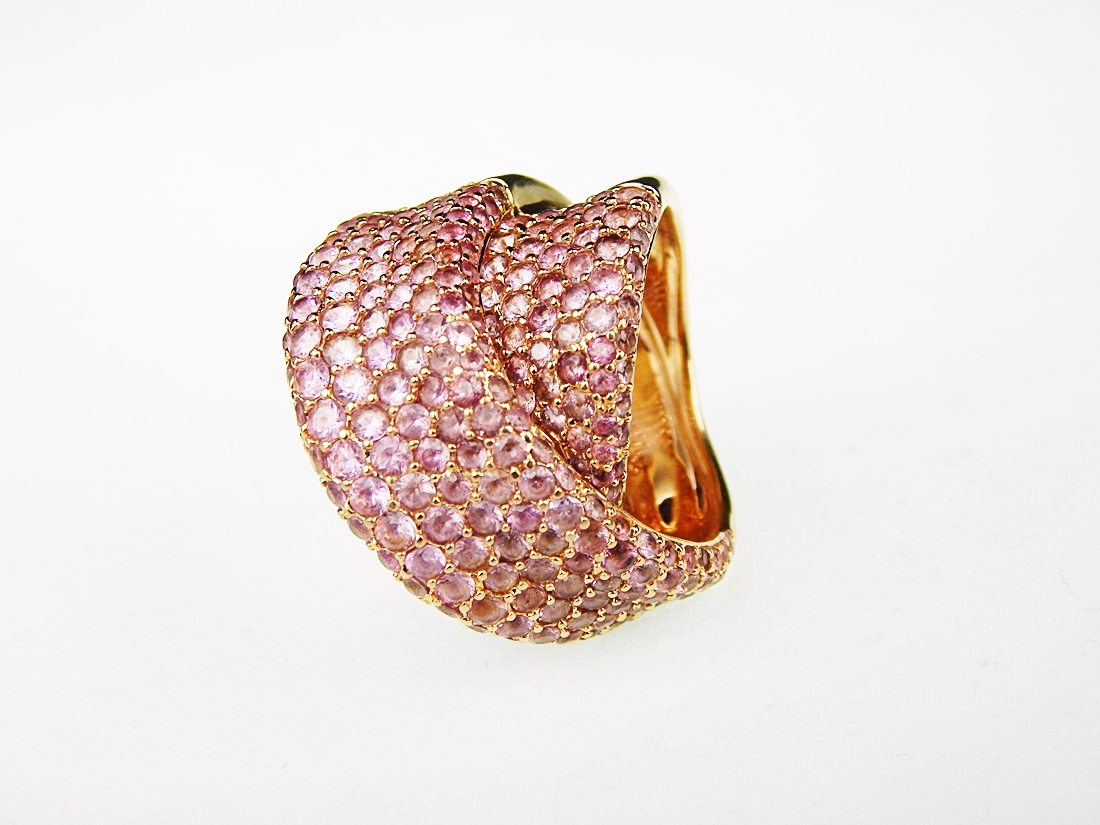 Modern 18K Pink Gold and Pink Sapphire Double Row Pavé Ring